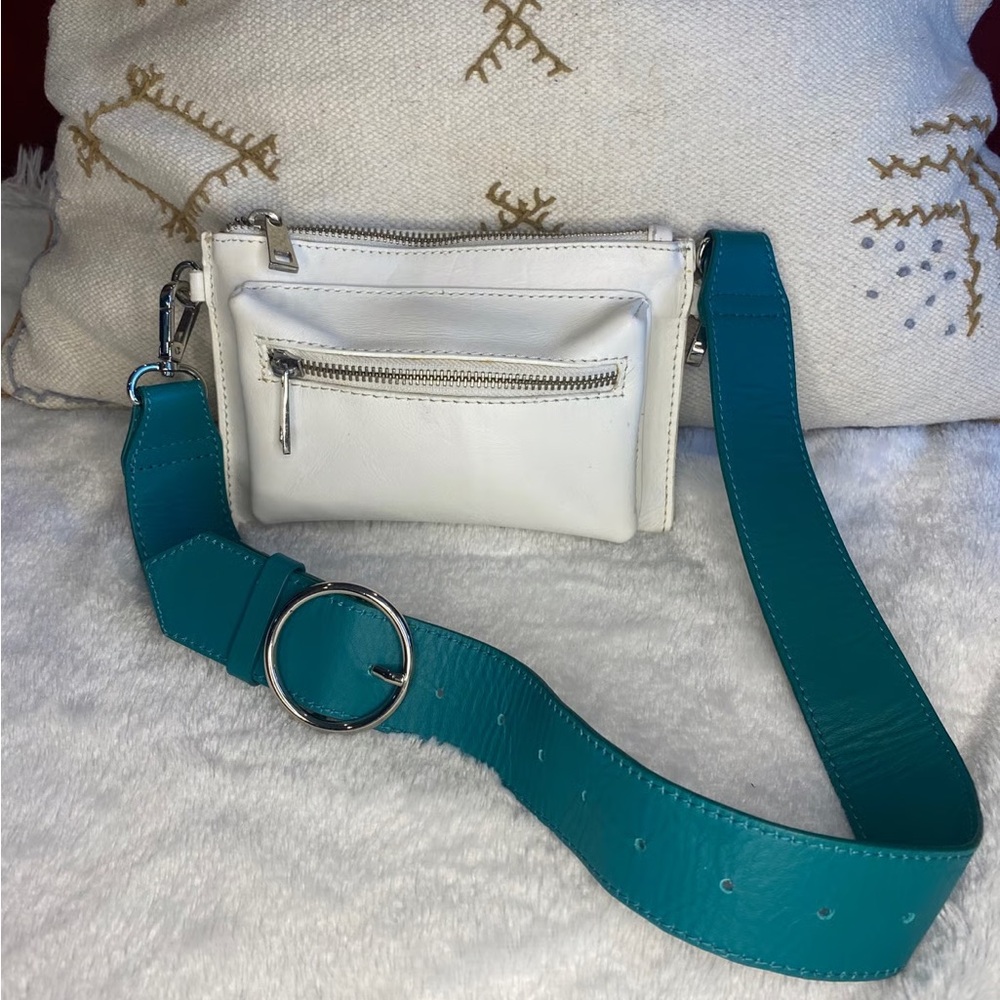 Chic White Crossbody Bag with Teal Strap